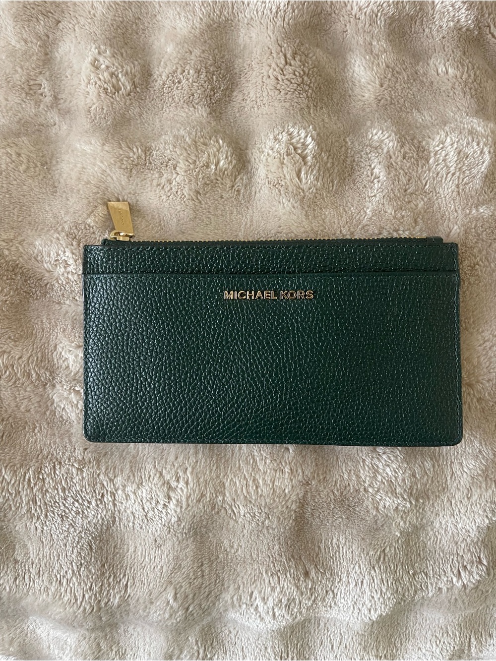Michael Kors Dark Green Pebbled Leather Zip Card Holder with Gold Hardware